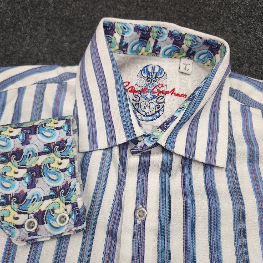 Robert Graham Mens Large White Blue Striped Flip Cuff Paisley Button Shirt *Read